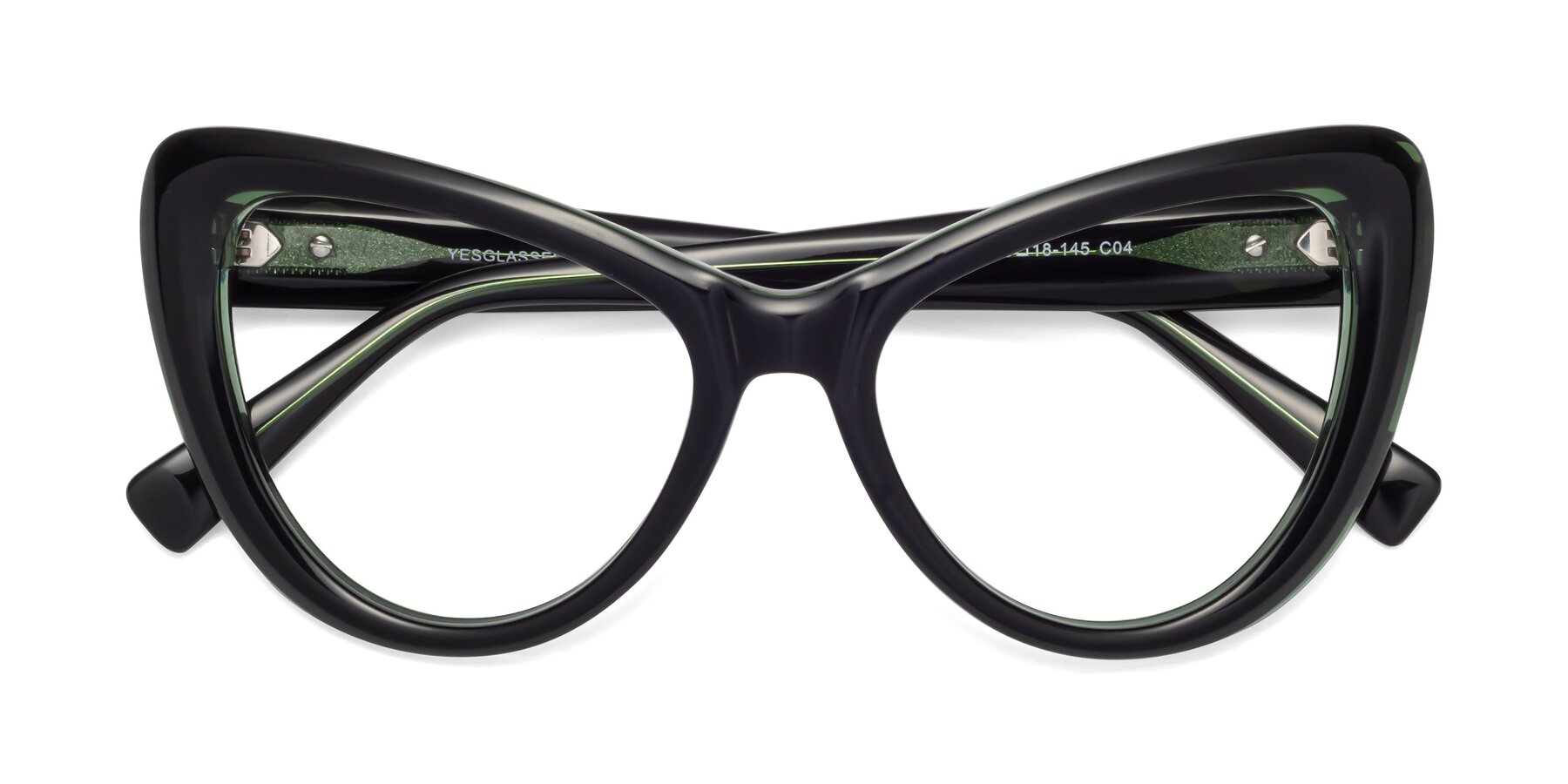 Folded Front of 1574 in Black-Green with Clear Reading Eyeglass Lenses