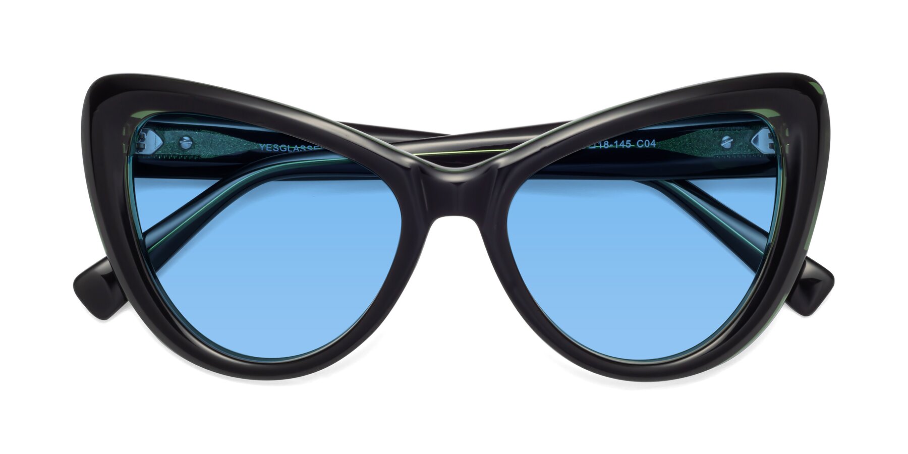 Folded Front of 1574 in Black-Green with Medium Blue Tinted Lenses