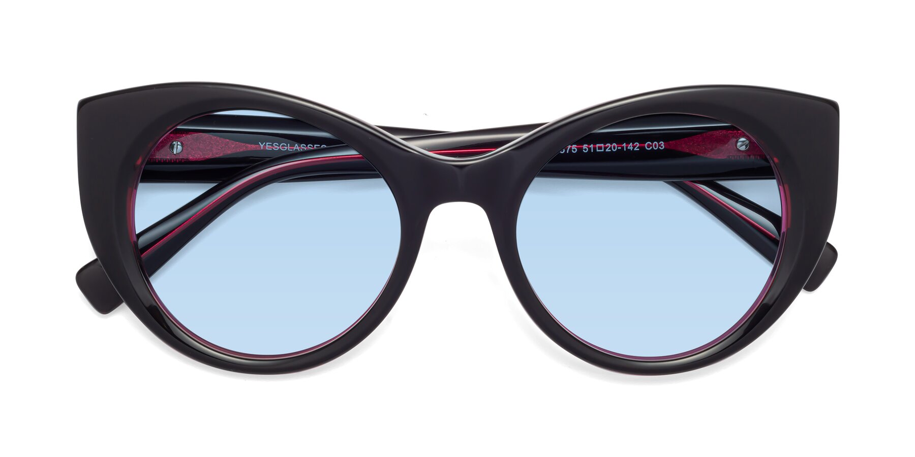 Folded Front of 1575 in Black-Purple with Light Blue Tinted Lenses
