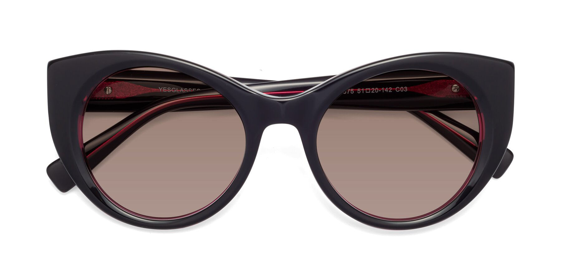 Folded Front of 1575 in Black-Purple with Medium Brown Tinted Lenses