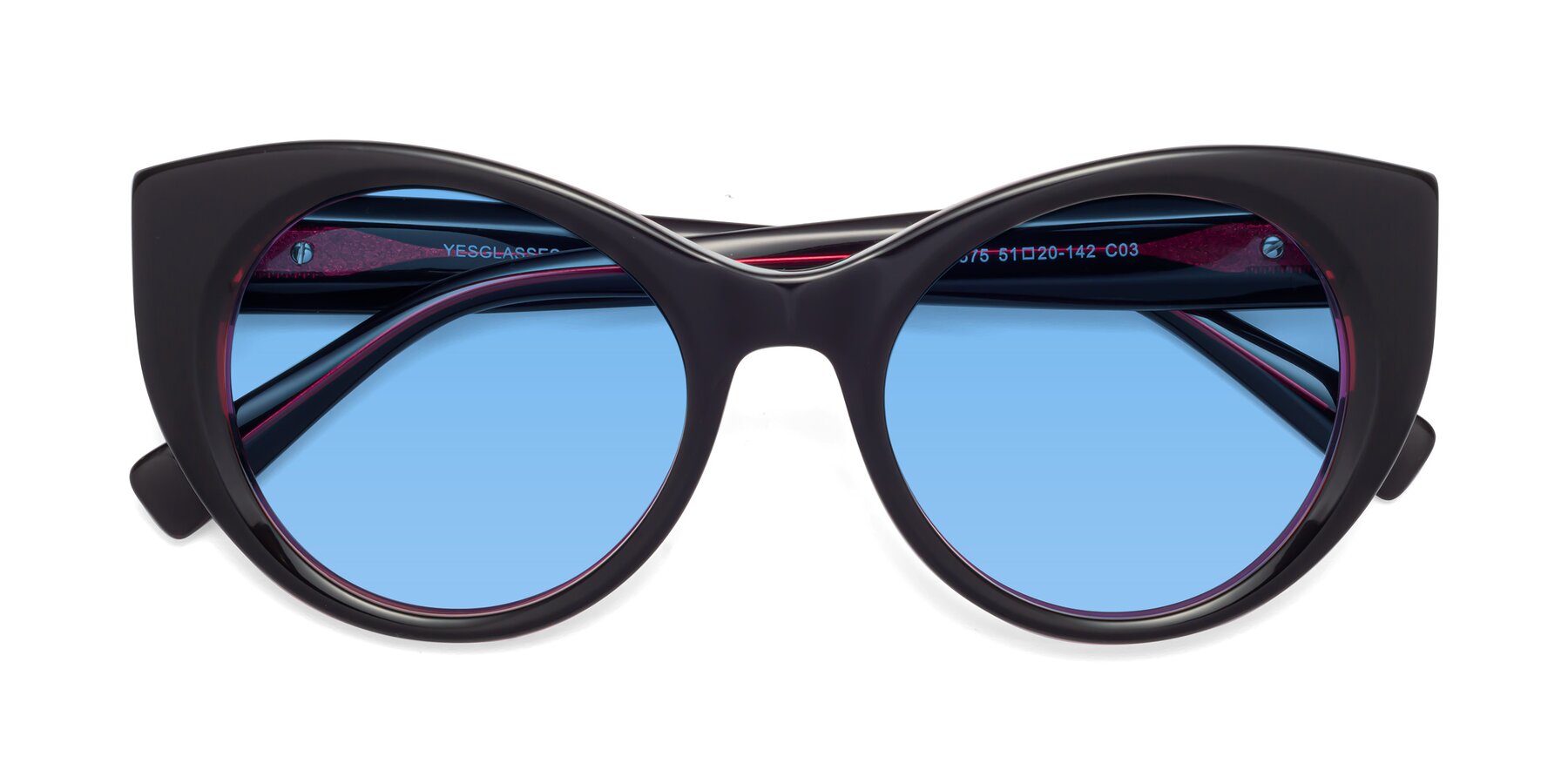 Folded Front of 1575 in Black-Purple with Medium Blue Tinted Lenses