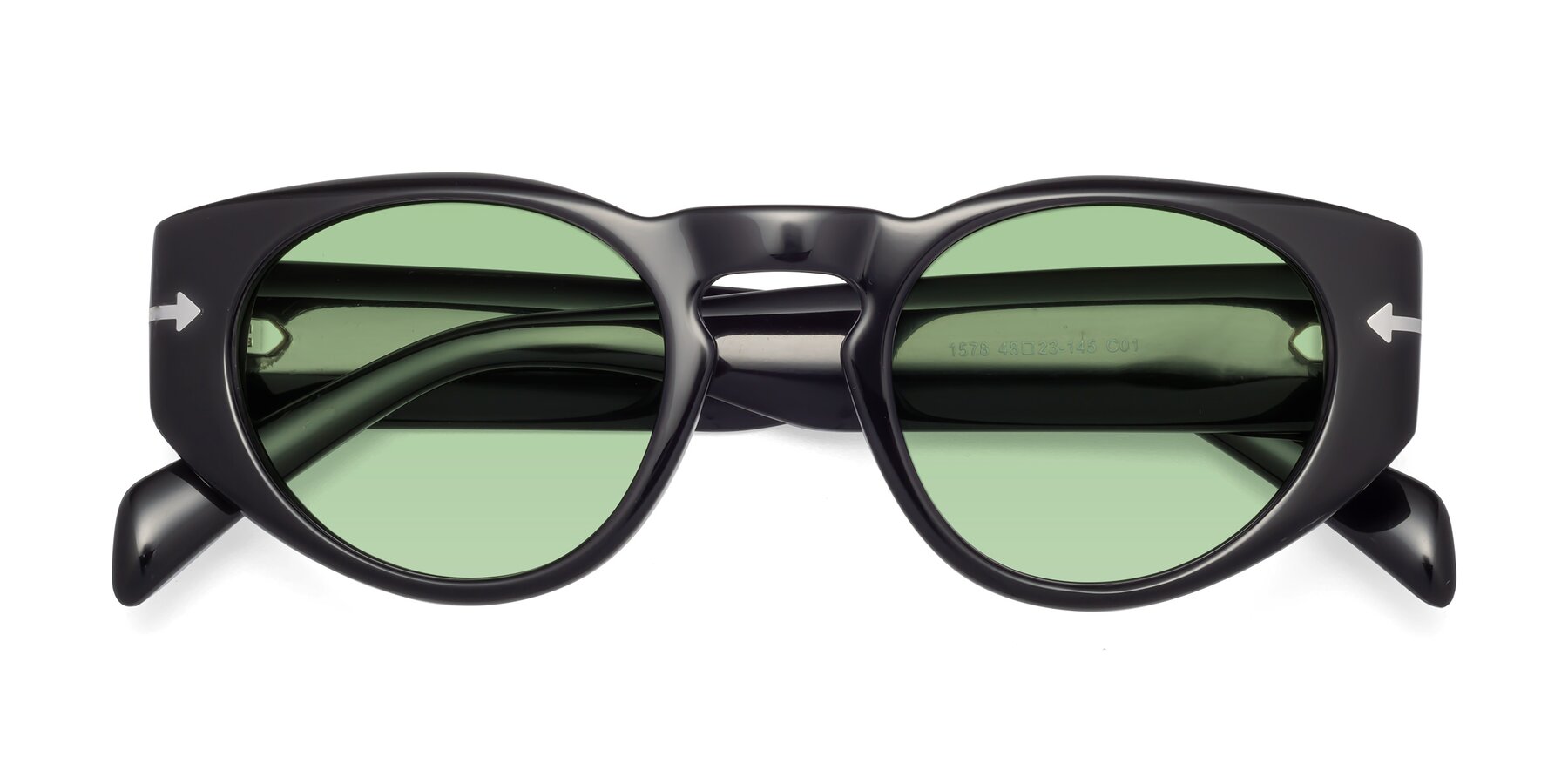 Folded Front of 1578 in Black with Medium Green Tinted Lenses