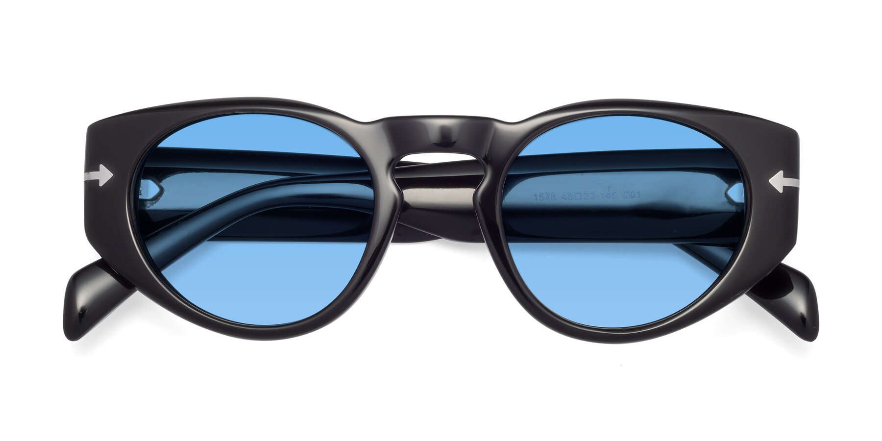 Folded Front of 1578 in Black with Medium Blue Tinted Lenses