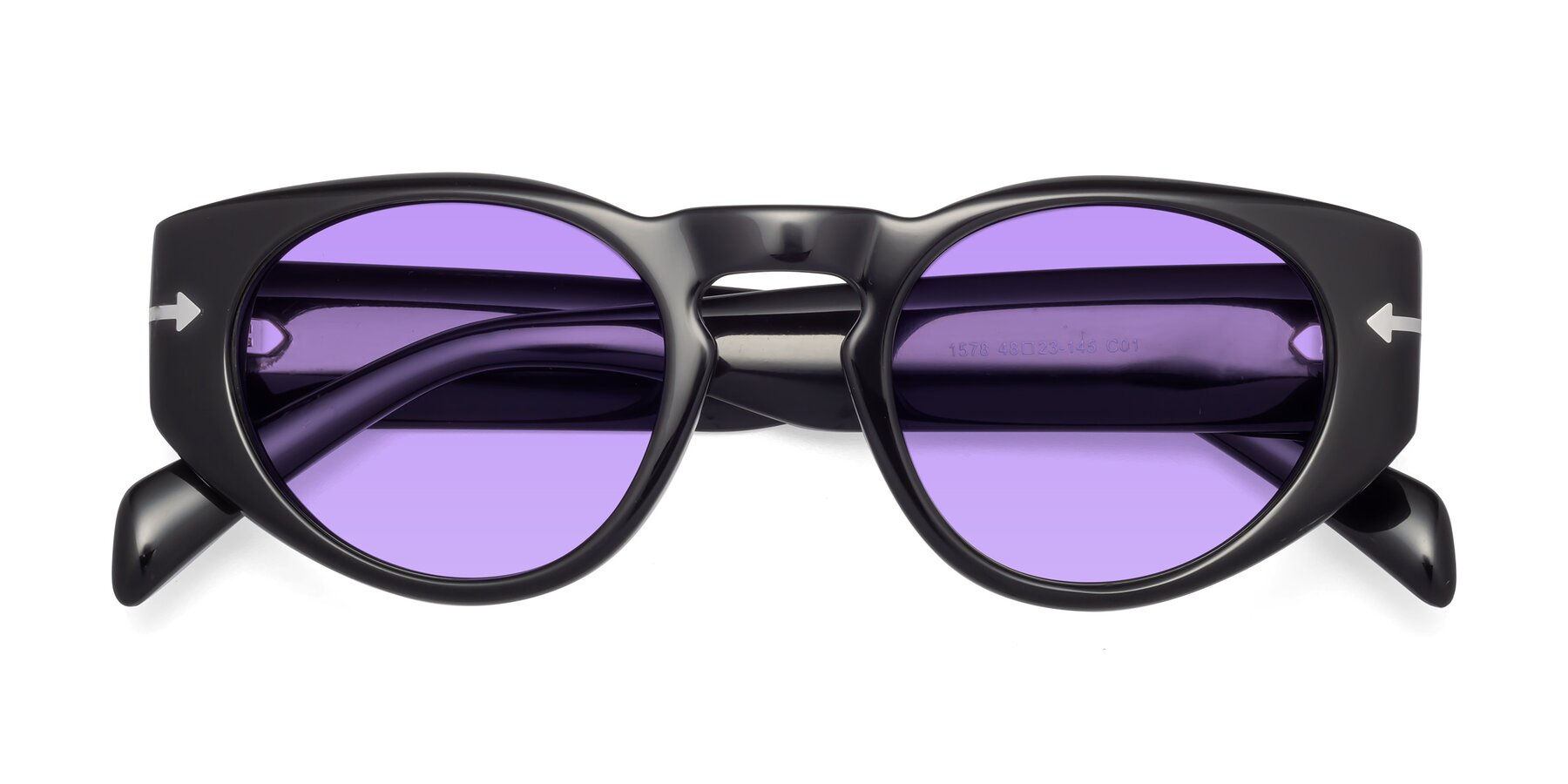 Folded Front of 1578 in Black with Medium Purple Tinted Lenses