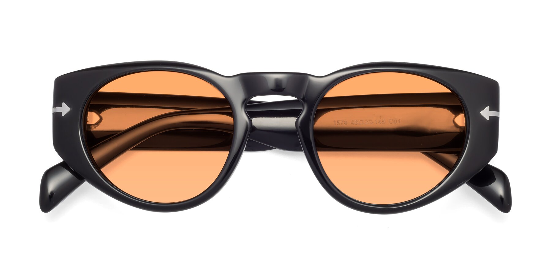 Folded Front of 1578 in Black with Medium Orange Tinted Lenses