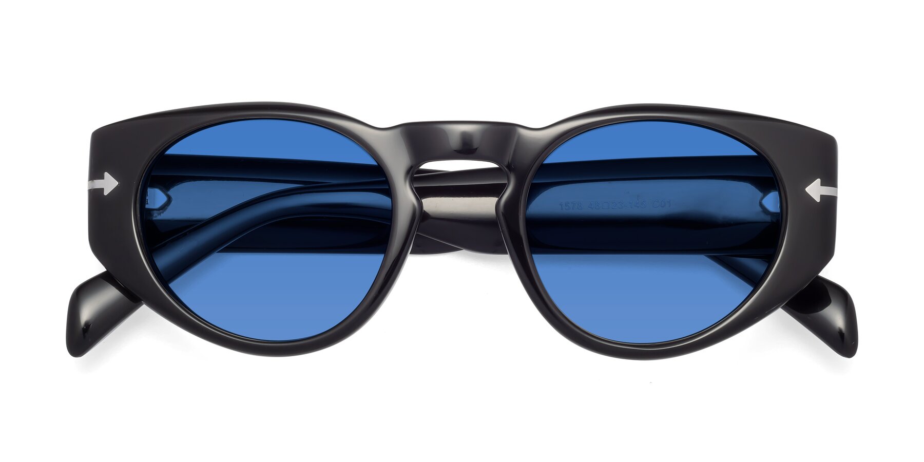 Folded Front of 1578 in Black with Blue Tinted Lenses