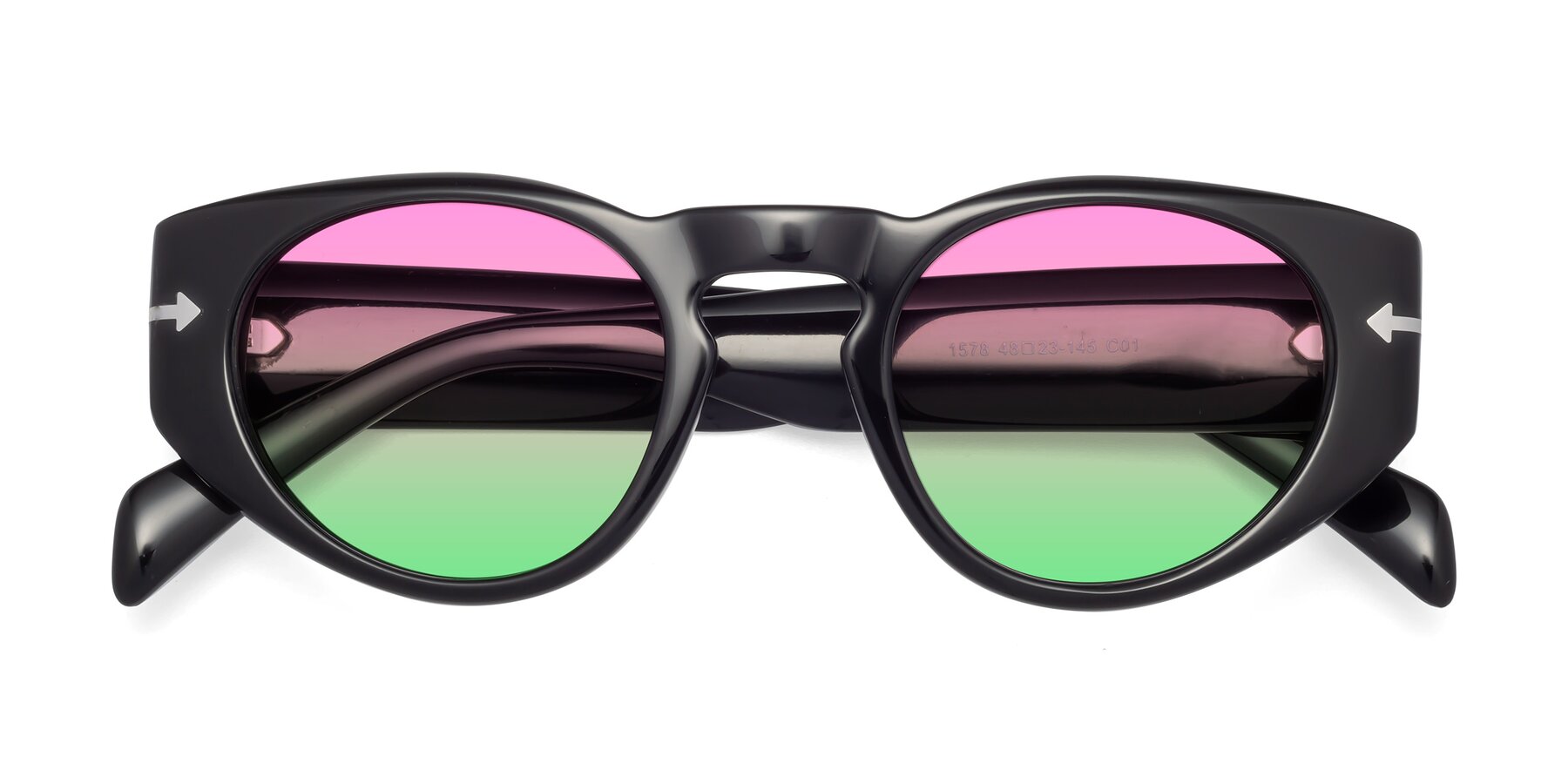 Folded Front of 1578 in Black with Pink / Green Gradient Lenses