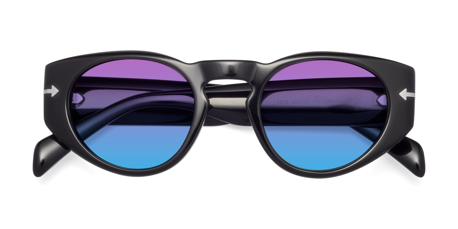Folded Front of 1578 in Black with Purple / Blue Gradient Lenses