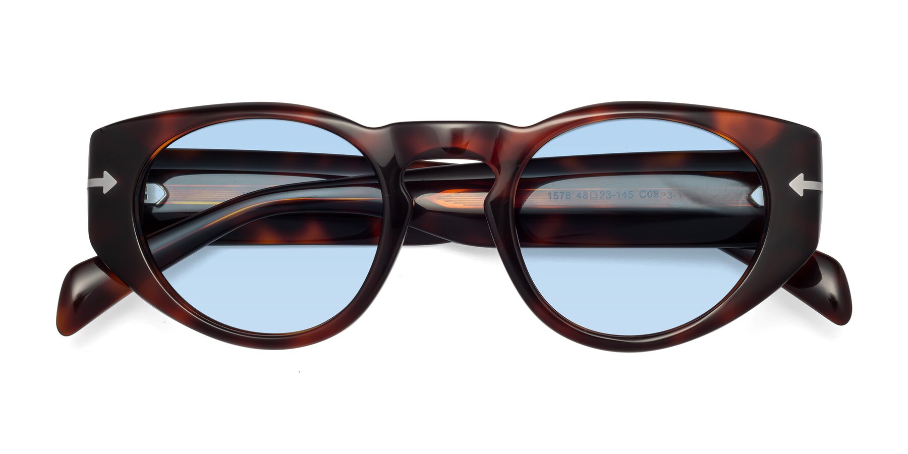 Folded Front of 1578 in Tortoise with Light Blue Tinted Lenses