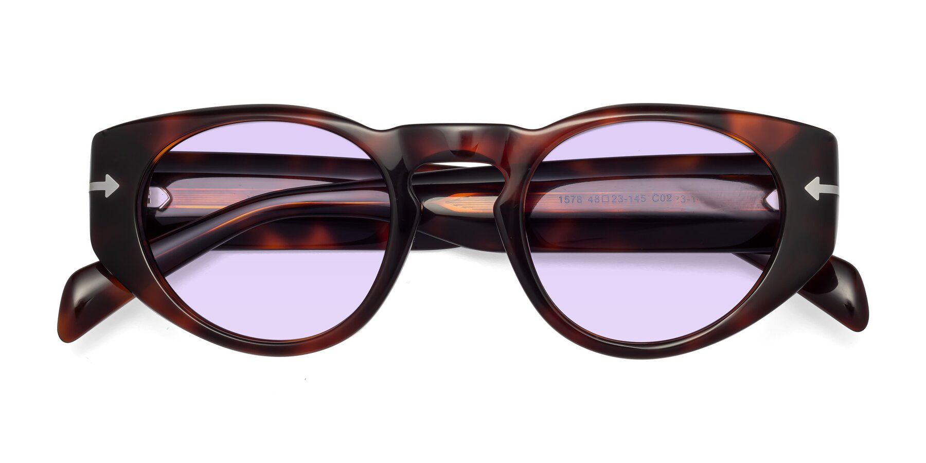 Folded Front of 1578 in Tortoise with Light Purple Tinted Lenses