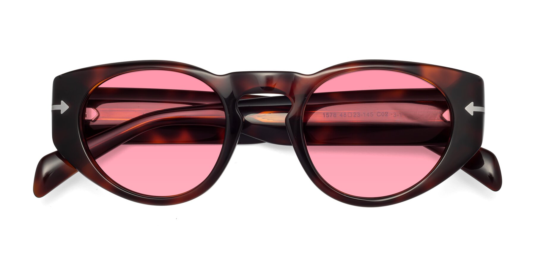 Folded Front of 1578 in Tortoise with Pink Tinted Lenses