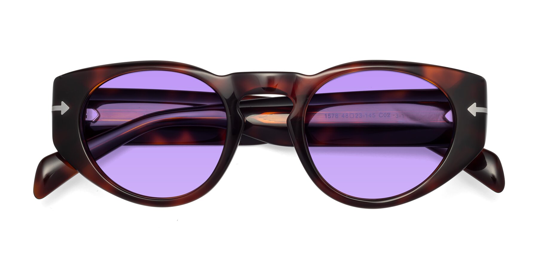 Folded Front of 1578 in Tortoise with Medium Purple Tinted Lenses