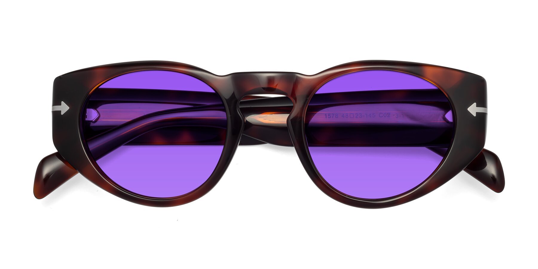 Folded Front of 1578 in Tortoise with Purple Tinted Lenses