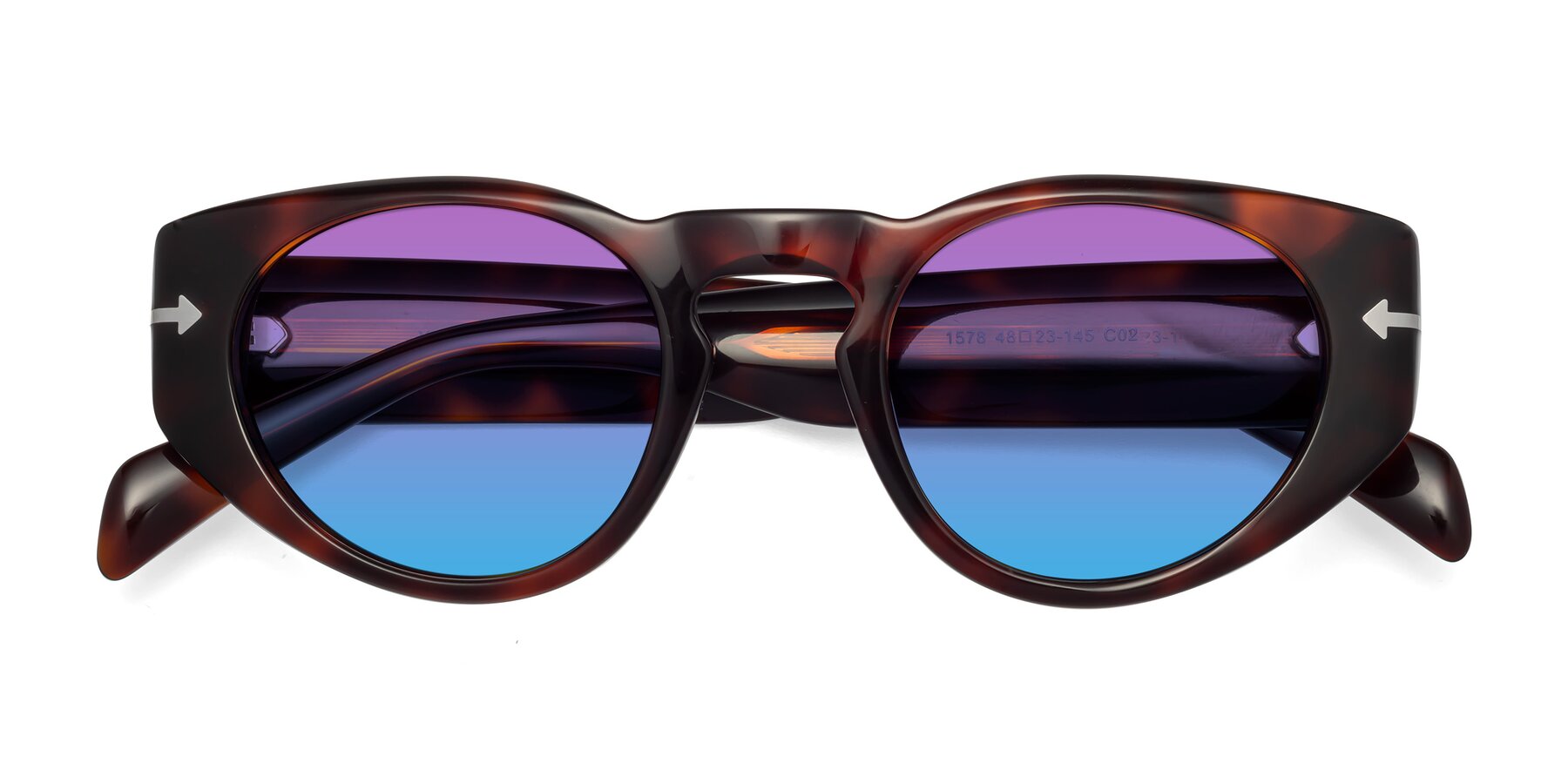 Folded Front of 1578 in Tortoise with Purple / Blue Gradient Lenses