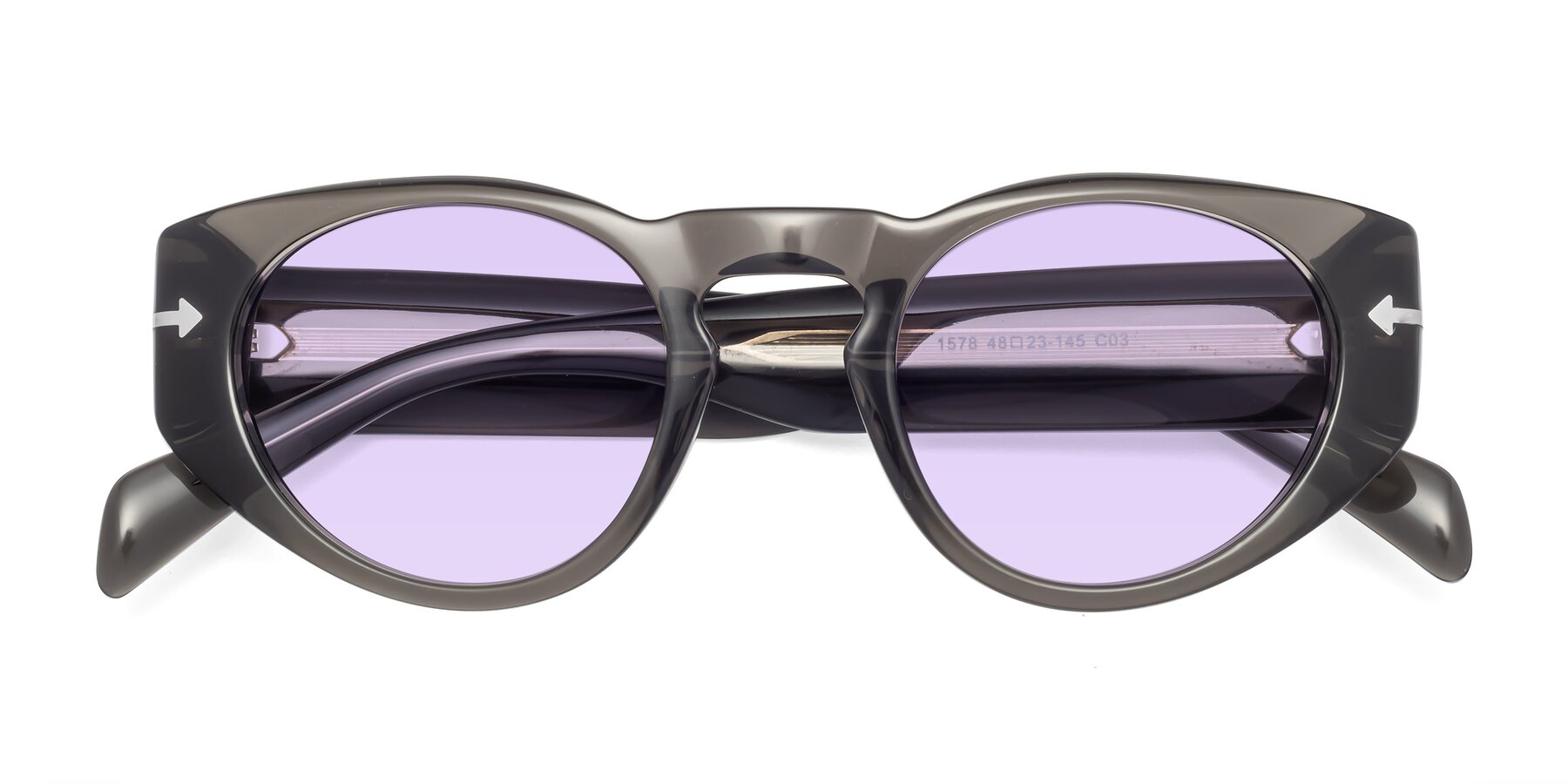 Folded Front of 1578 in Gray with Light Purple Tinted Lenses