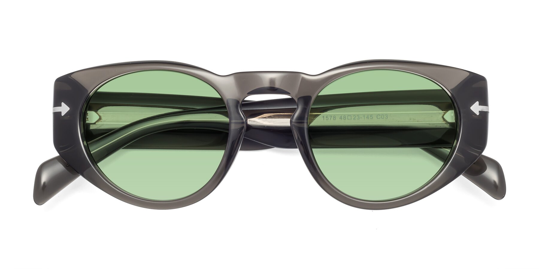 Folded Front of 1578 in Gray with Medium Green Tinted Lenses