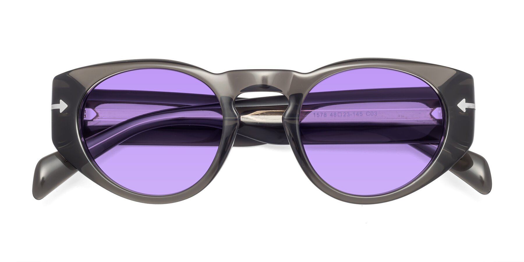 Folded Front of 1578 in Gray with Medium Purple Tinted Lenses