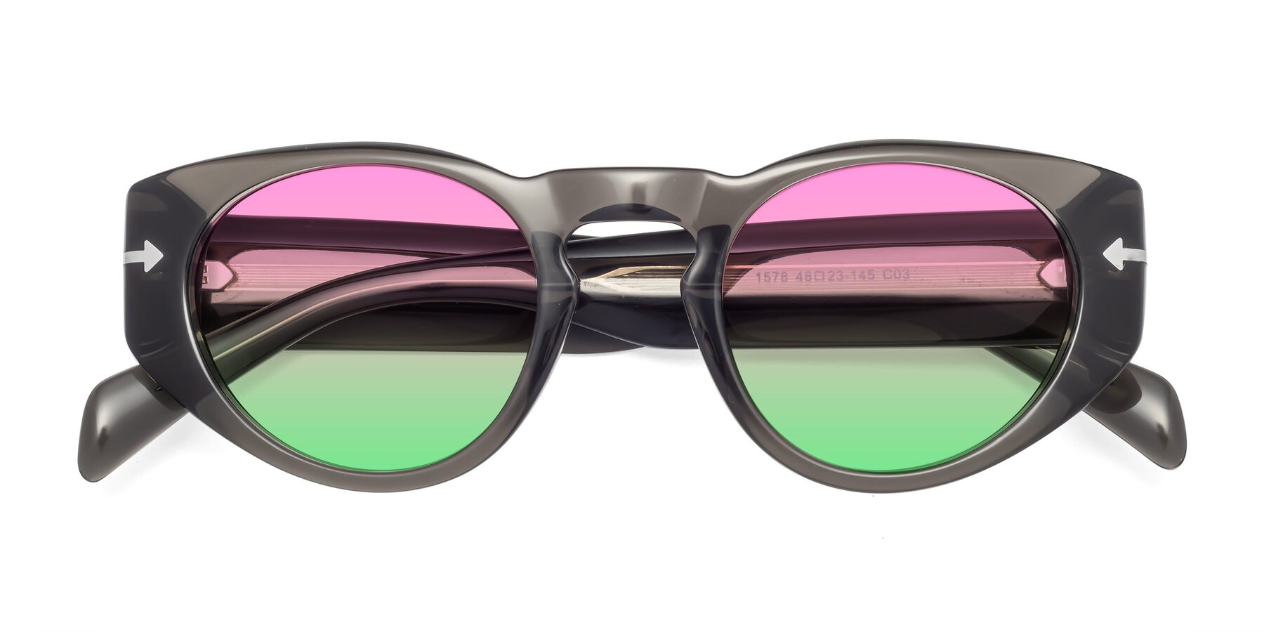 Folded Front of 1578 in Gray with Pink / Green Gradient Lenses