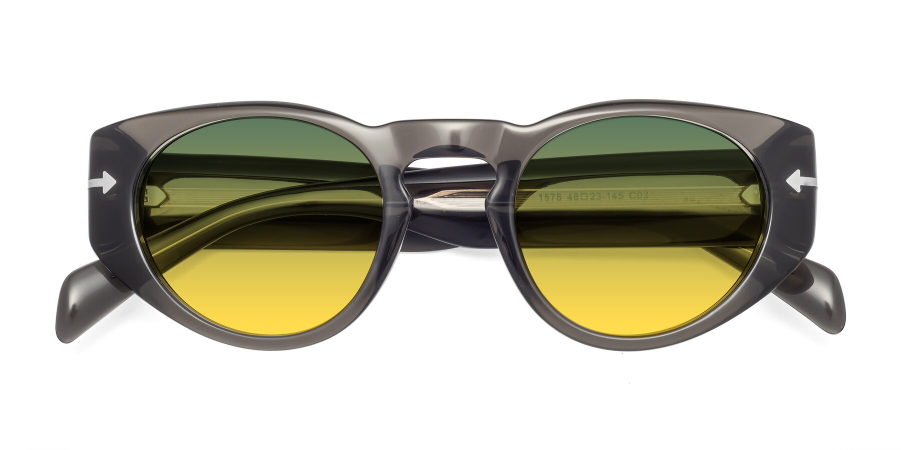 Folded Front of 1578 in Gray with Green / Yellow Gradient Lenses