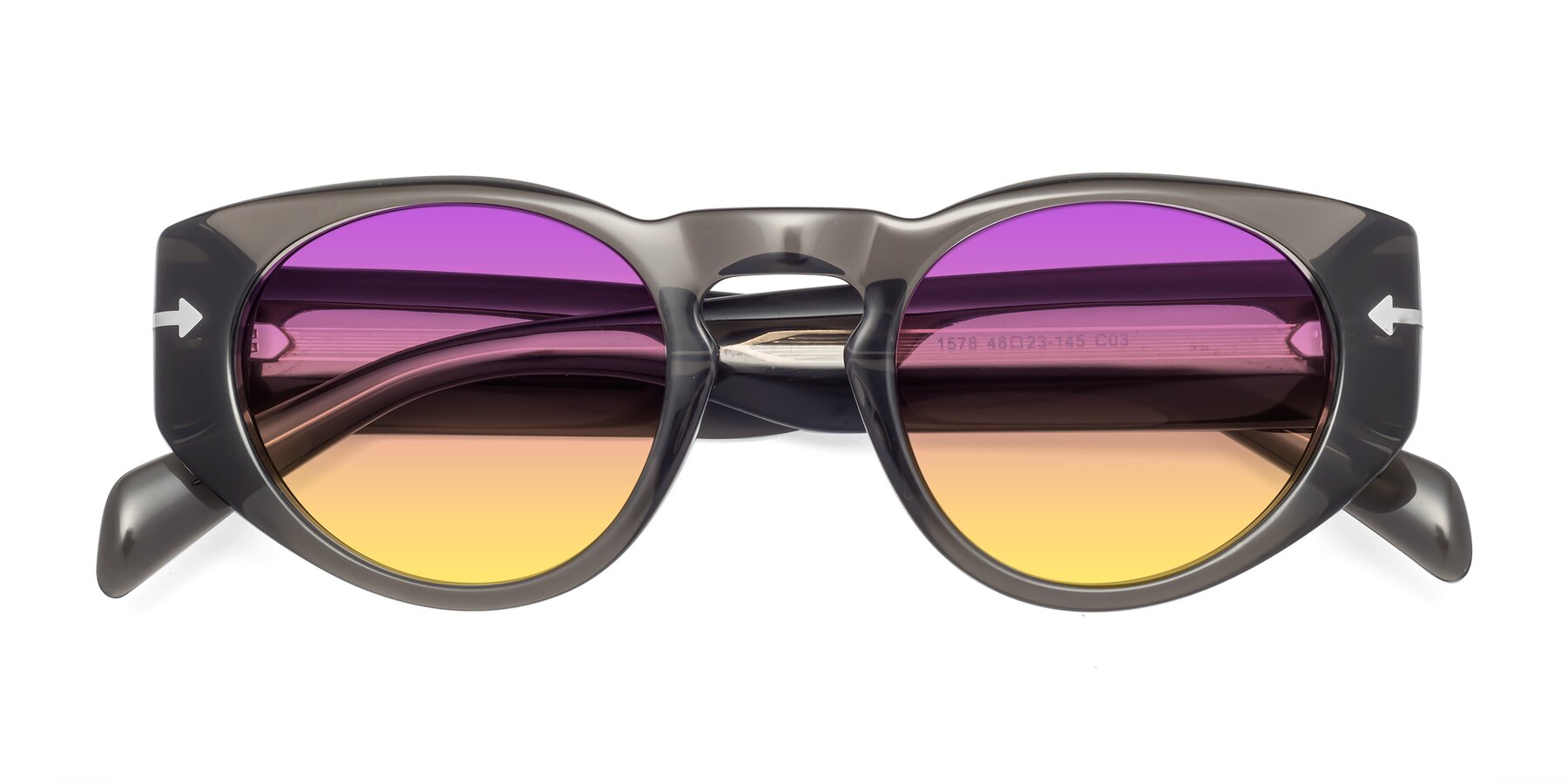 Folded Front of 1578 in Gray with Purple / Yellow Gradient Lenses