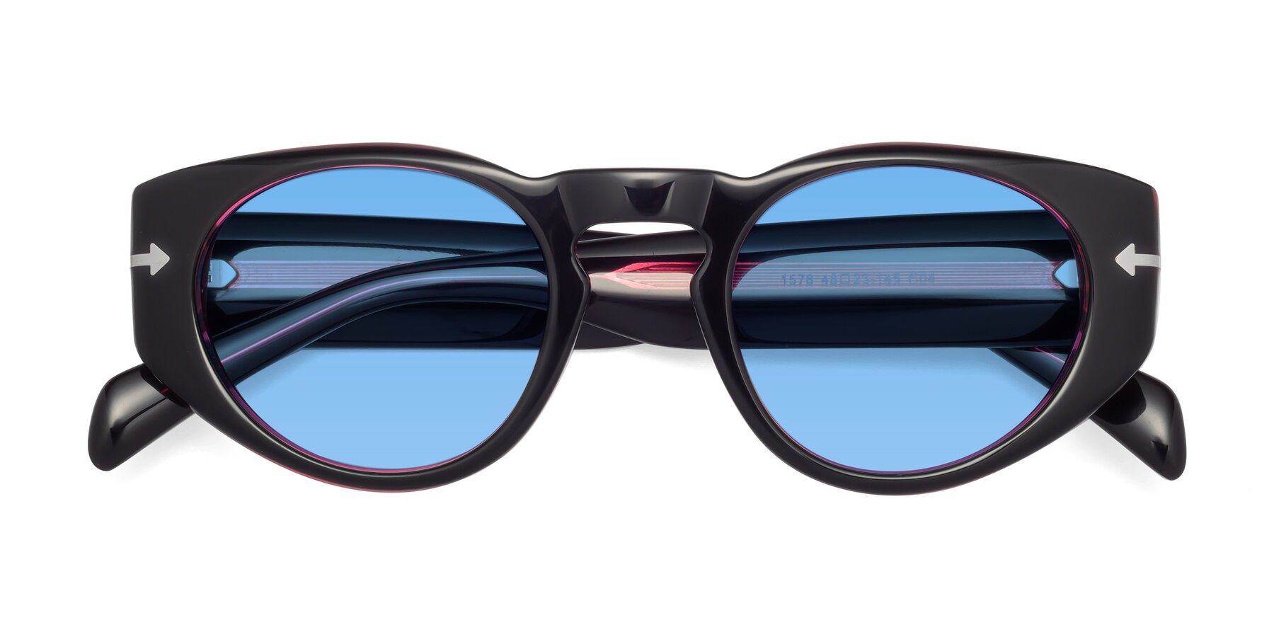 Folded Front of 1578 in Black-Wine with Medium Blue Tinted Lenses