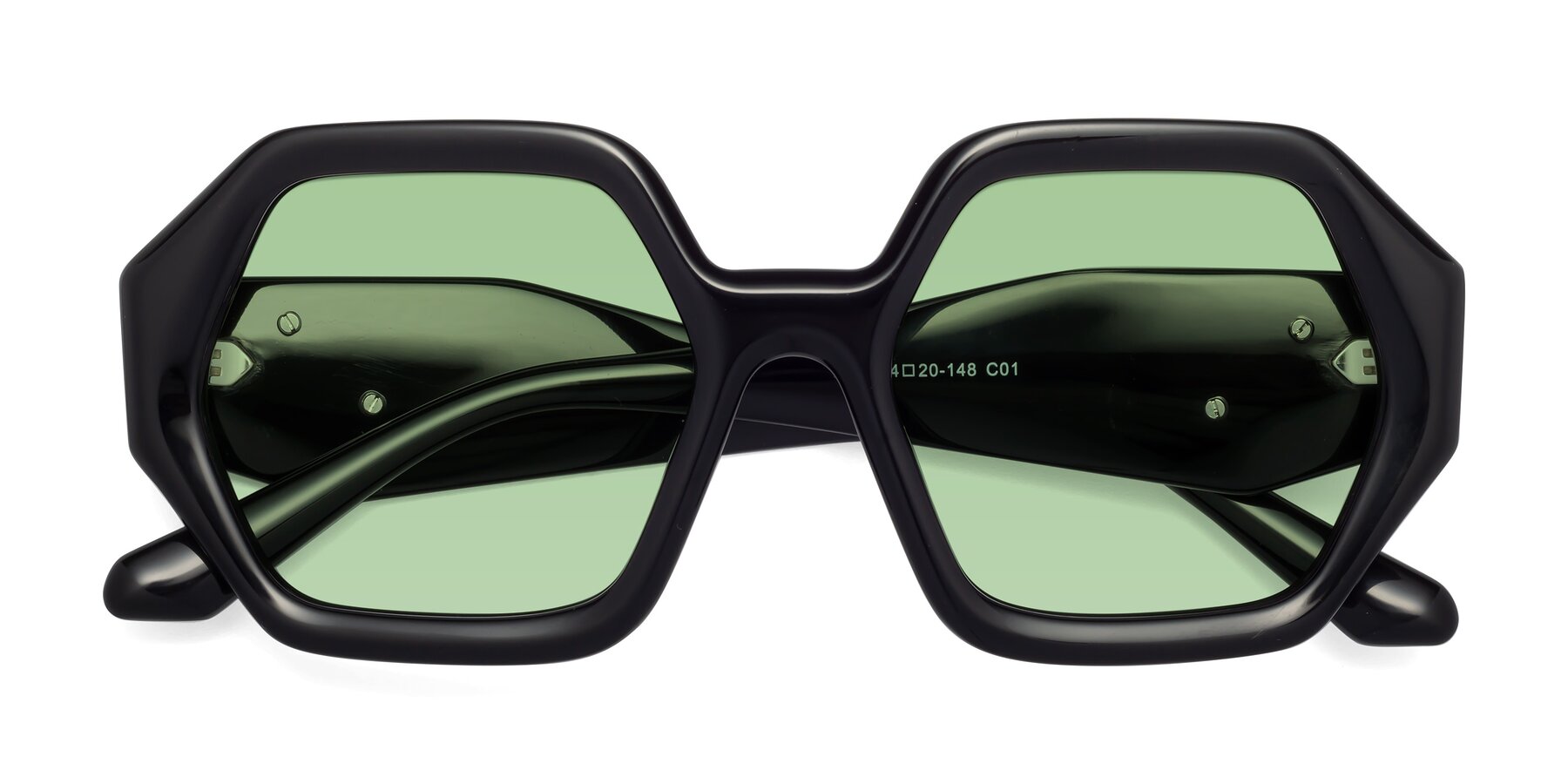 Folded Front of 1582 in Black with Medium Green Tinted Lenses