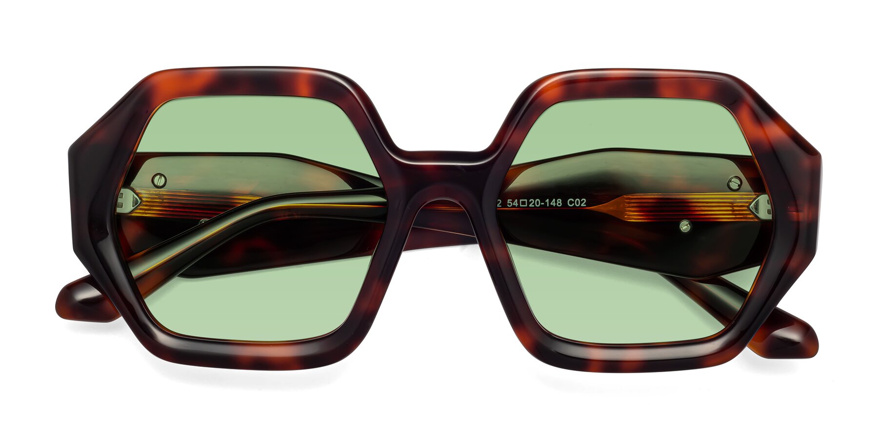 Folded Front of 1582 in Tortoise with Medium Green Tinted Lenses
