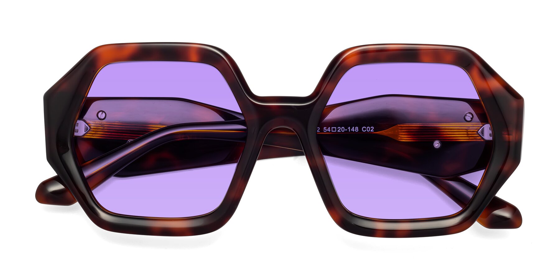 Folded Front of 1582 in Tortoise with Medium Purple Tinted Lenses