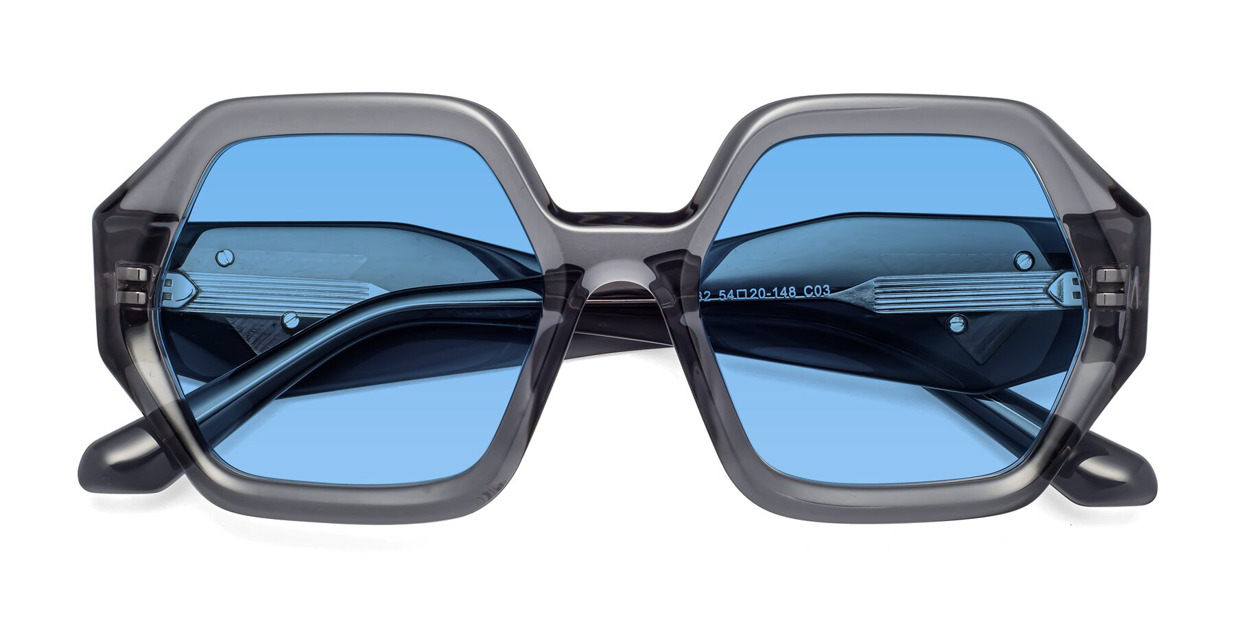 Folded Front of 1582 in Gray with Medium Blue Tinted Lenses