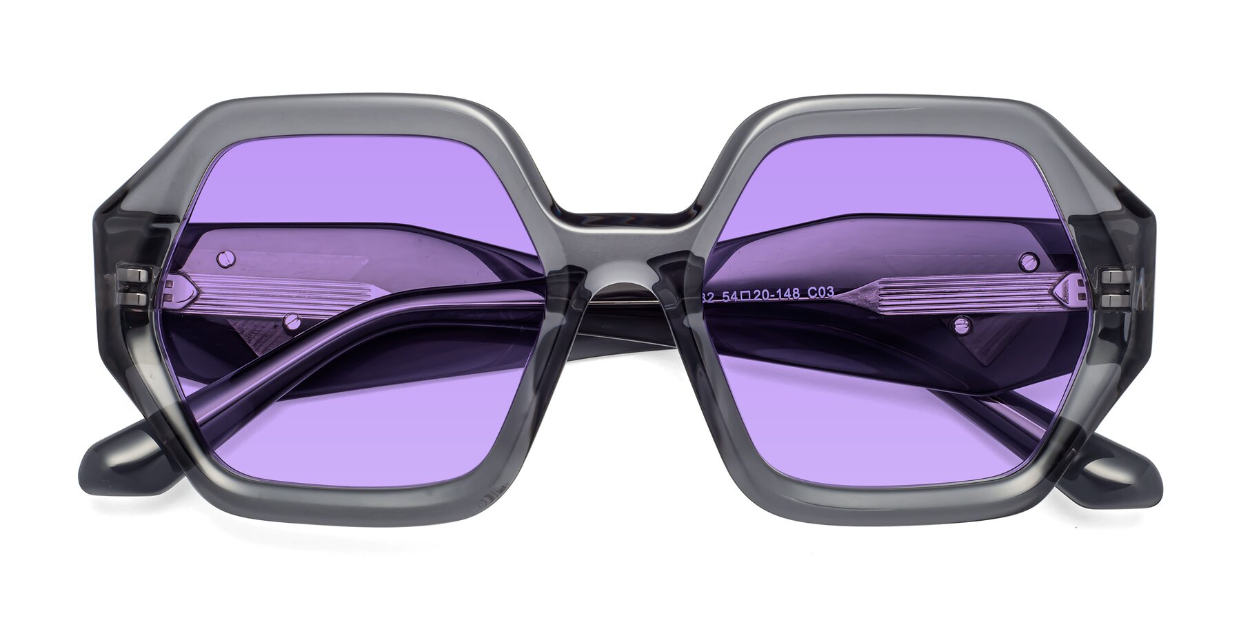 Folded Front of 1582 in Gray with Medium Purple Tinted Lenses