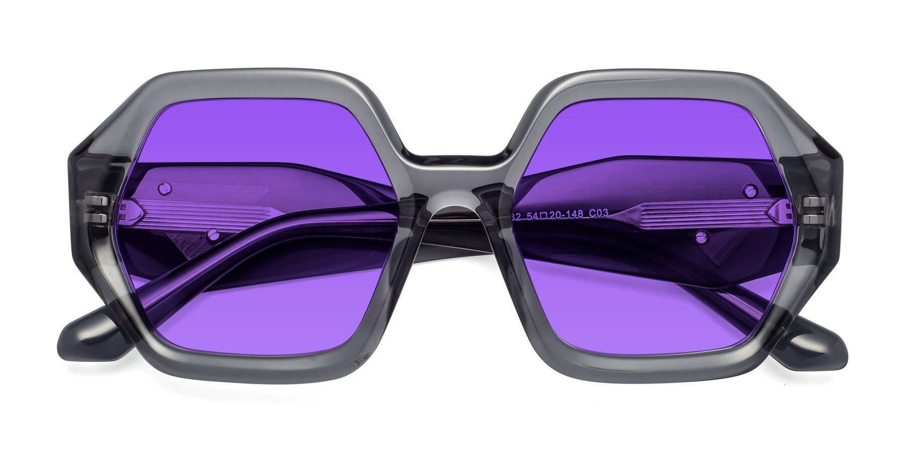Folded Front of 1582 in Gray with Purple Tinted Lenses