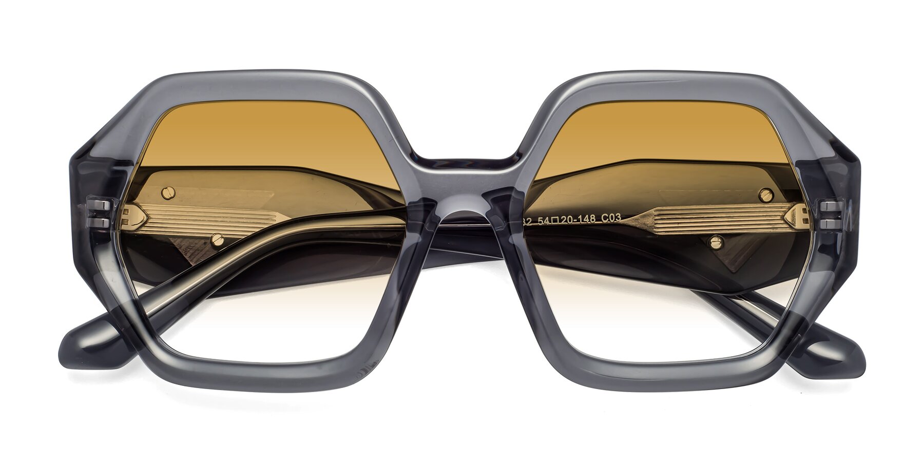 Folded Front of 1582 in Gray with Champagne Gradient Lenses