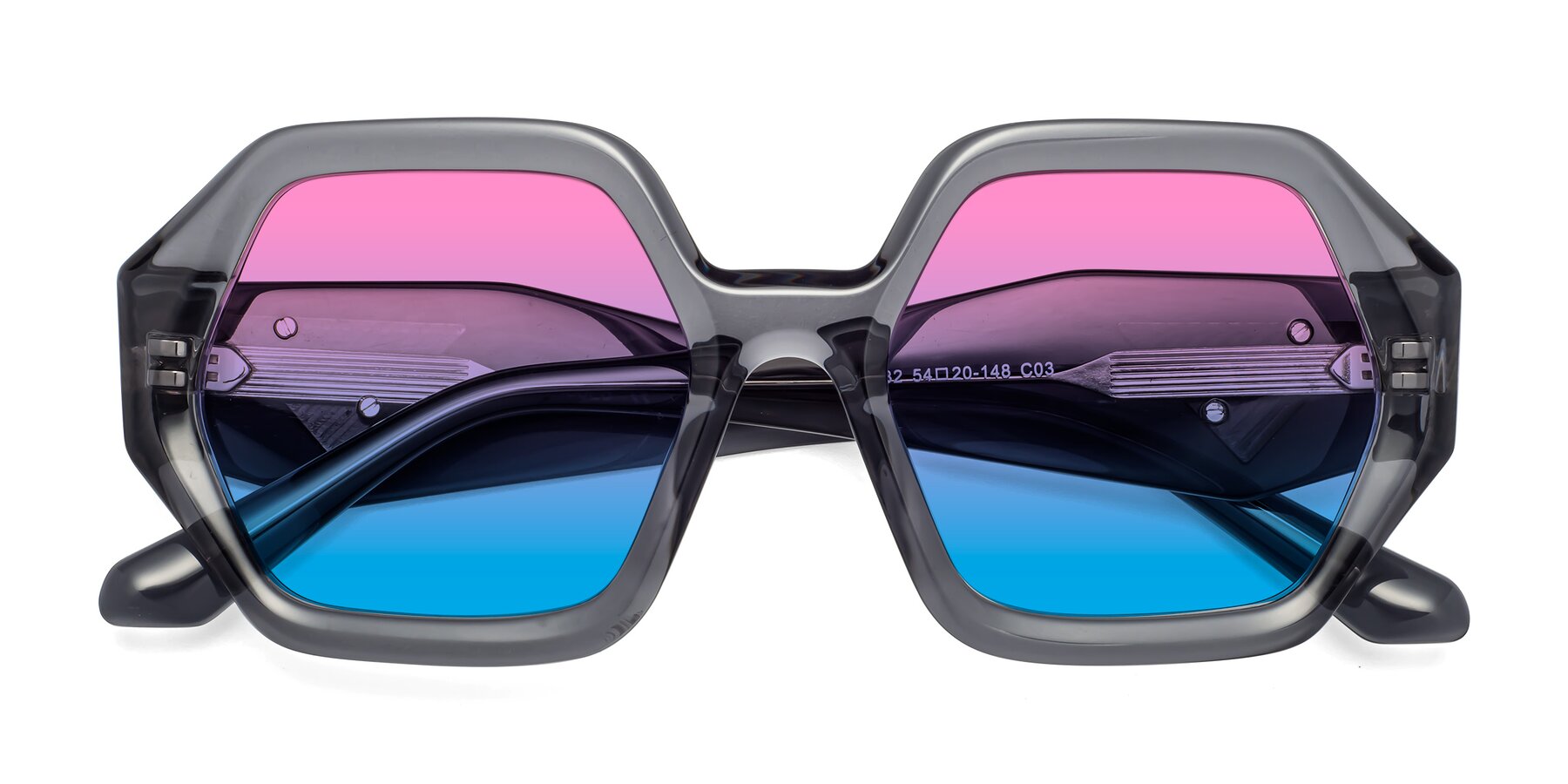 Folded Front of 1582 in Gray with Pink / Blue Gradient Lenses