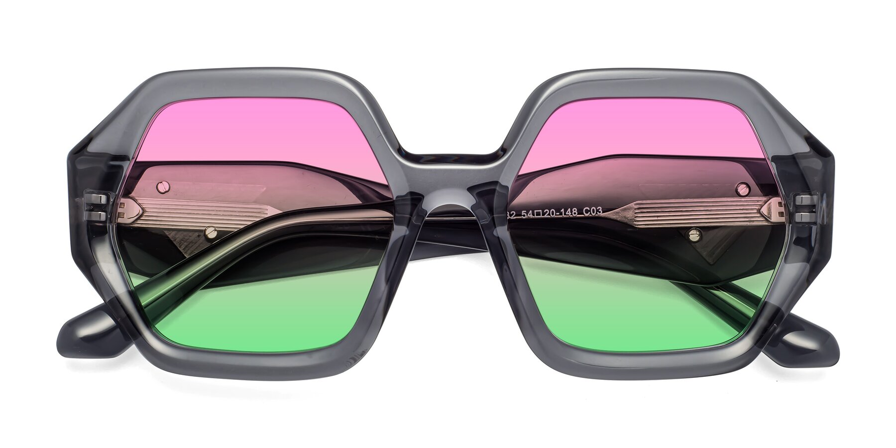 Folded Front of 1582 in Gray with Pink / Green Gradient Lenses