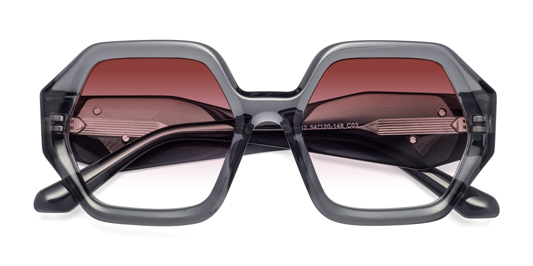 Folded Front of 1582 in Gray with Garnet Gradient Lenses