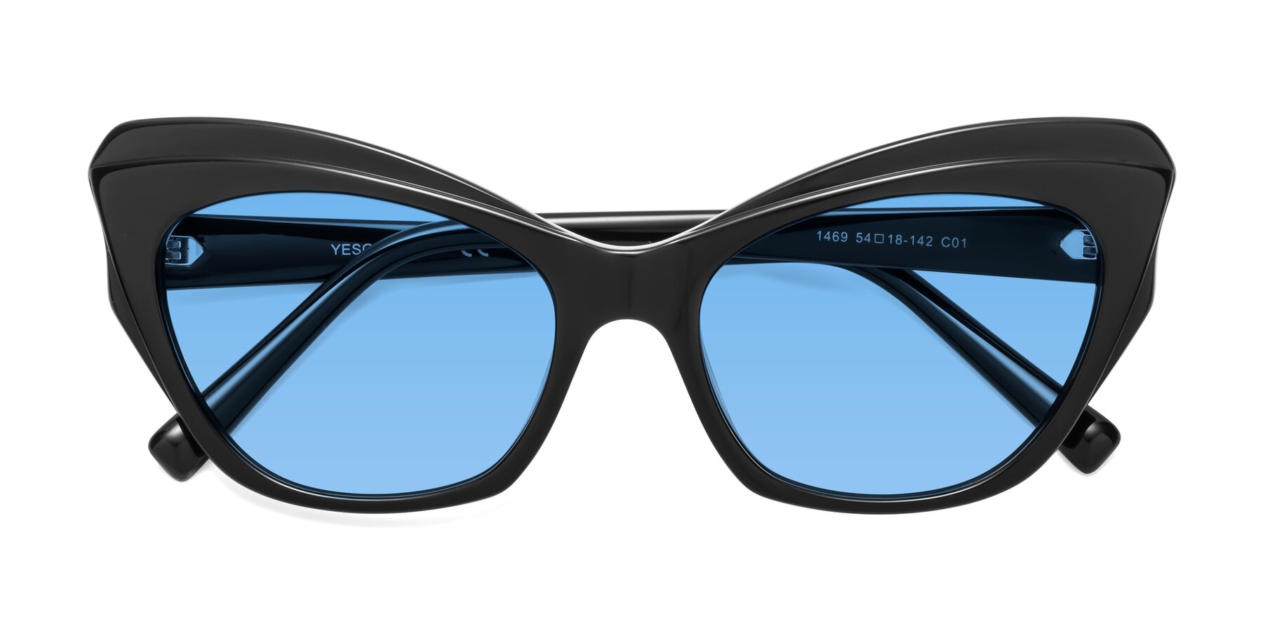 Folded Front of 1469 in Black with Medium Blue Tinted Lenses