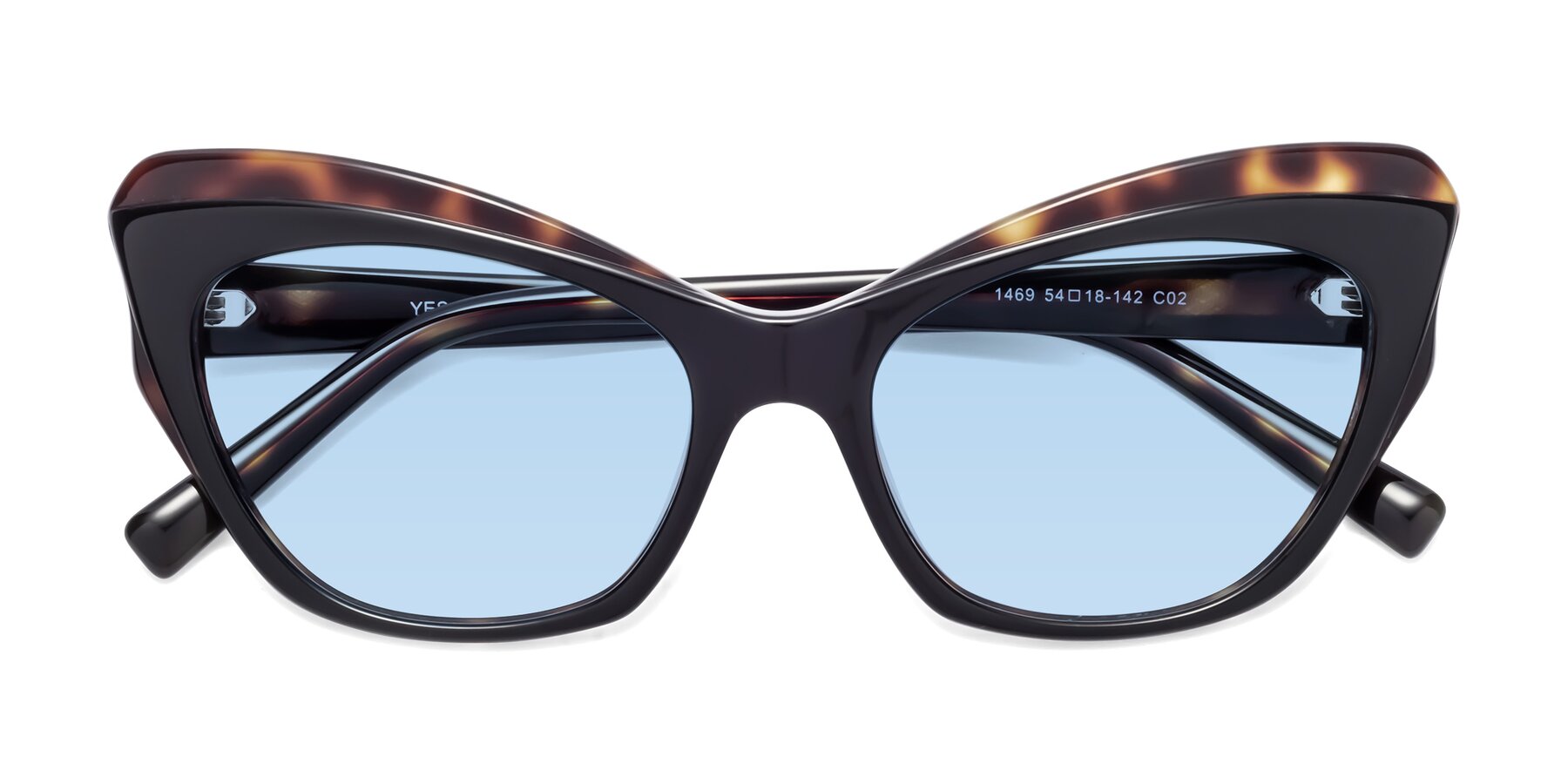 Folded Front of 1469 in Black-Tortoise with Light Blue Tinted Lenses