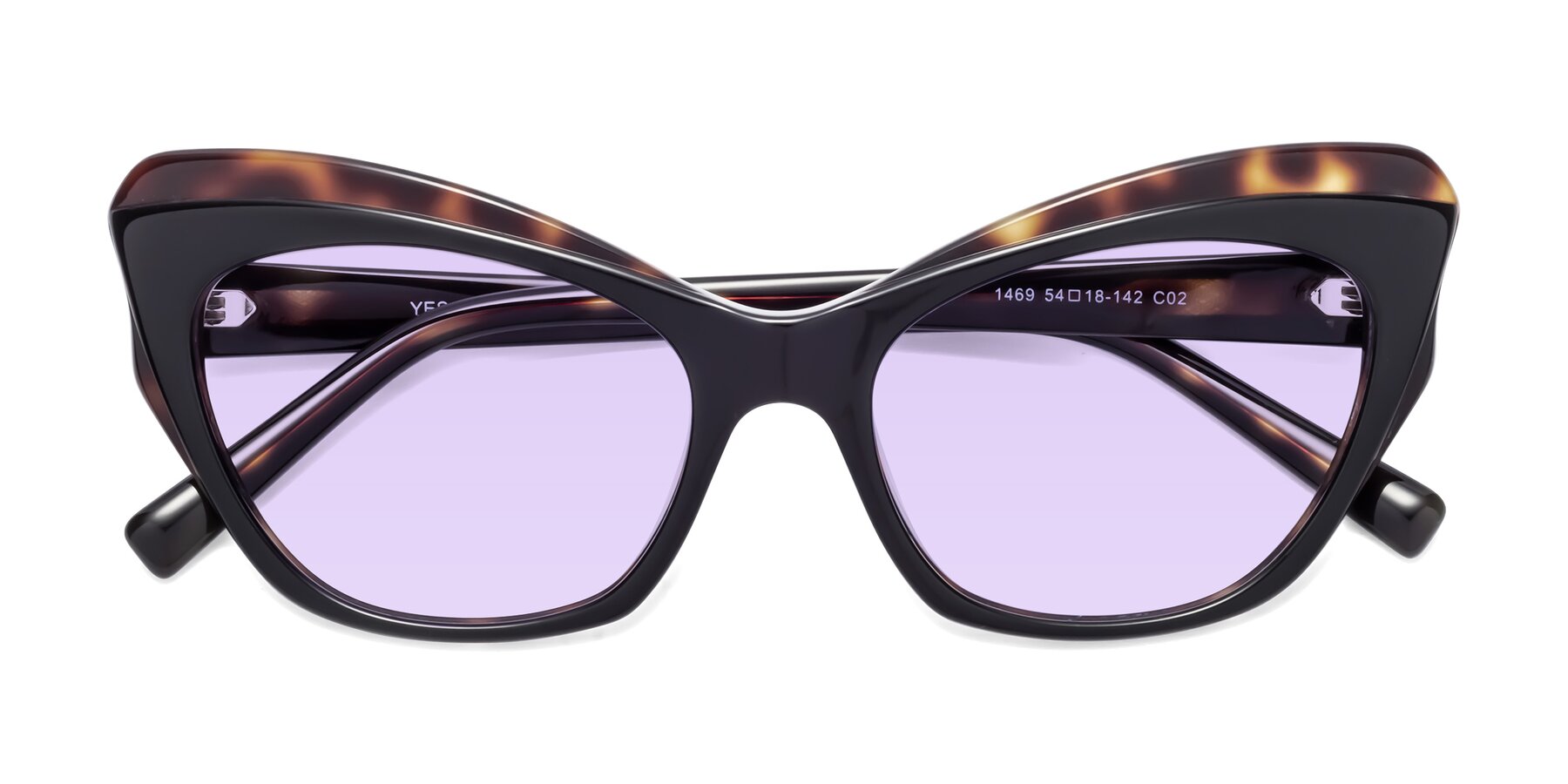Folded Front of 1469 in Black-Tortoise with Light Purple Tinted Lenses