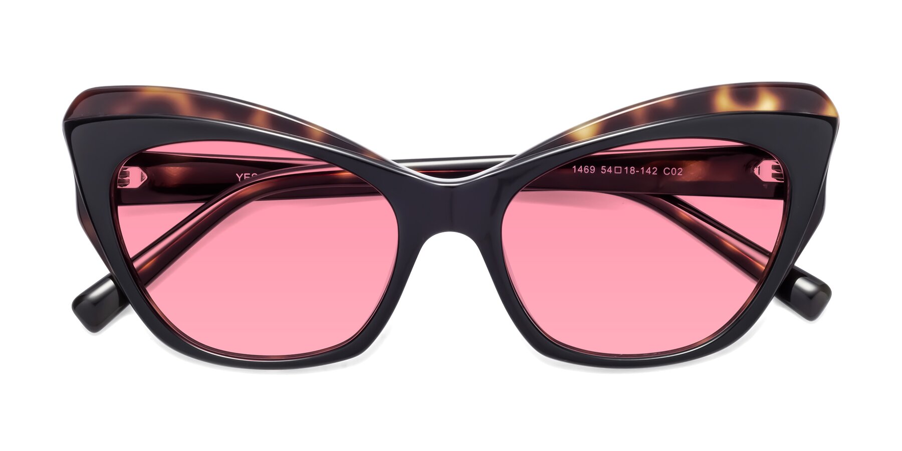 Folded Front of 1469 in Black-Tortoise with Pink Tinted Lenses