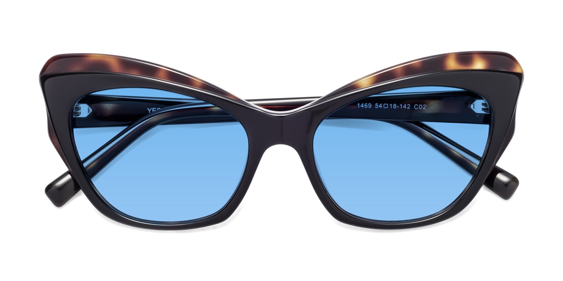 Folded Front of 1469 in Black-Tortoise with Medium Blue Tinted Lenses