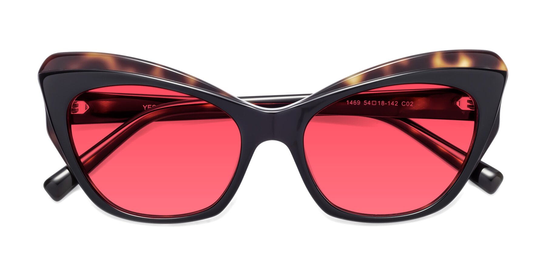 Folded Front of 1469 in Black-Tortoise with Red Tinted Lenses