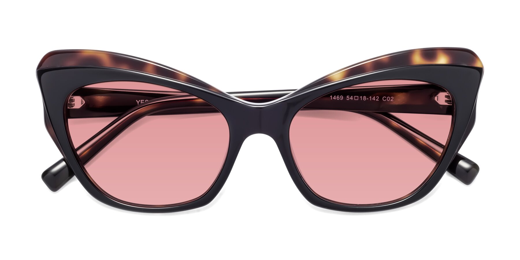 Folded Front of 1469 in Black-Tortoise with Medium Garnet Tinted Lenses