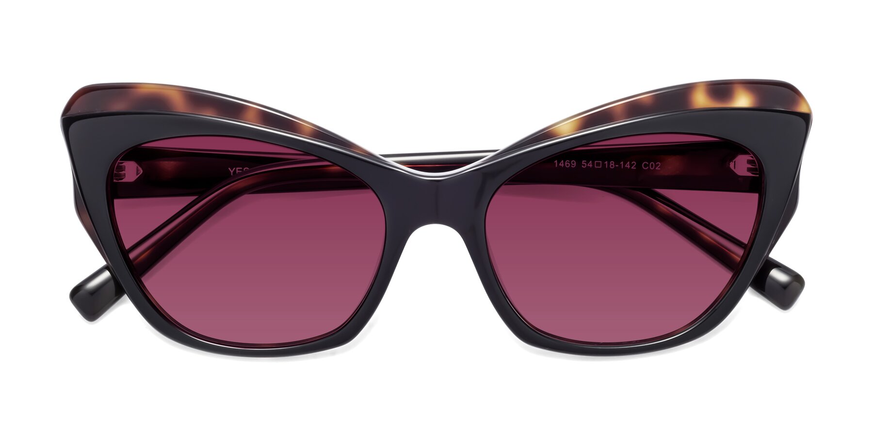 Folded Front of 1469 in Black-Tortoise with Wine Tinted Lenses