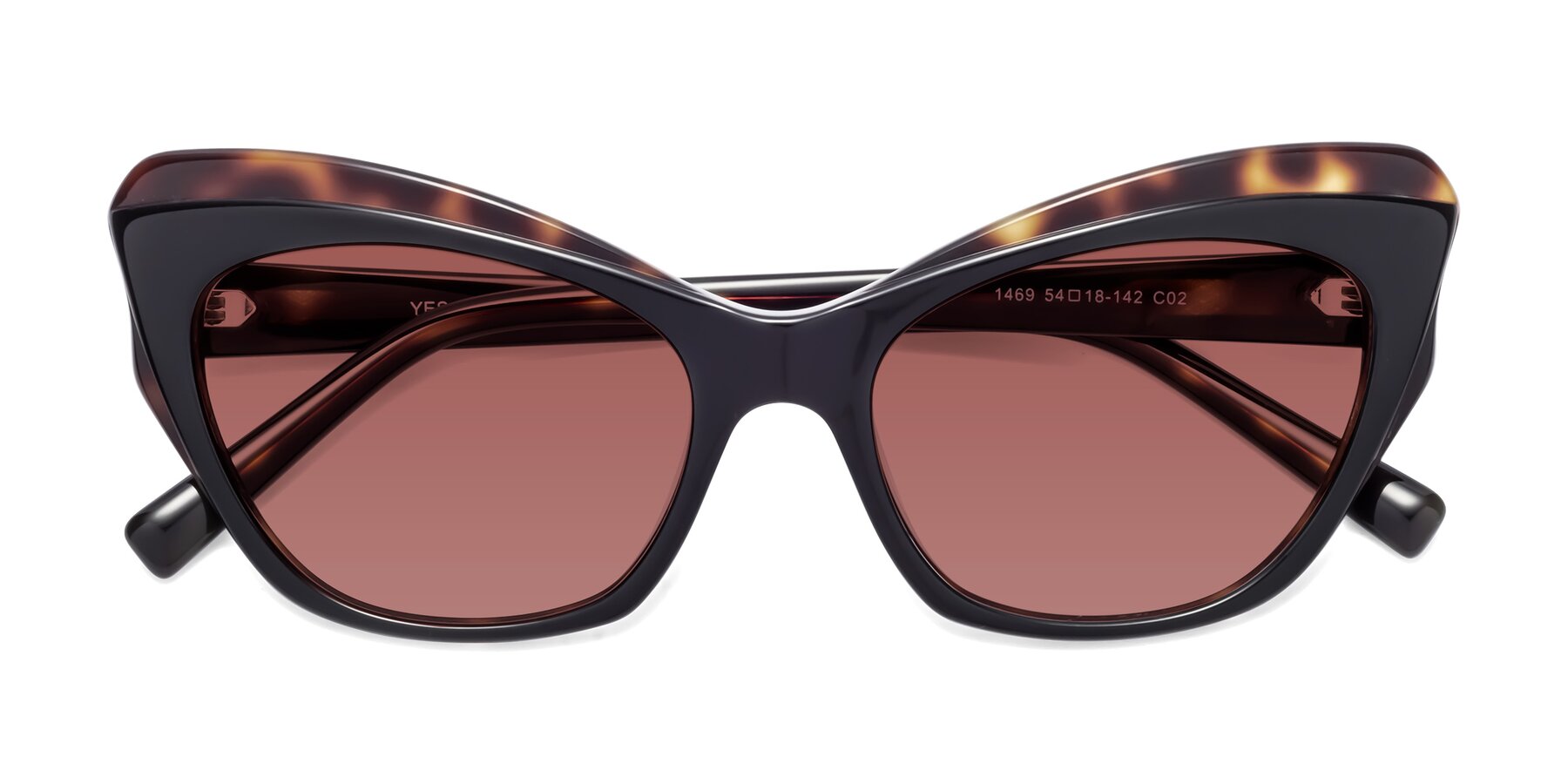 Folded Front of 1469 in Black-Tortoise with Garnet Tinted Lenses