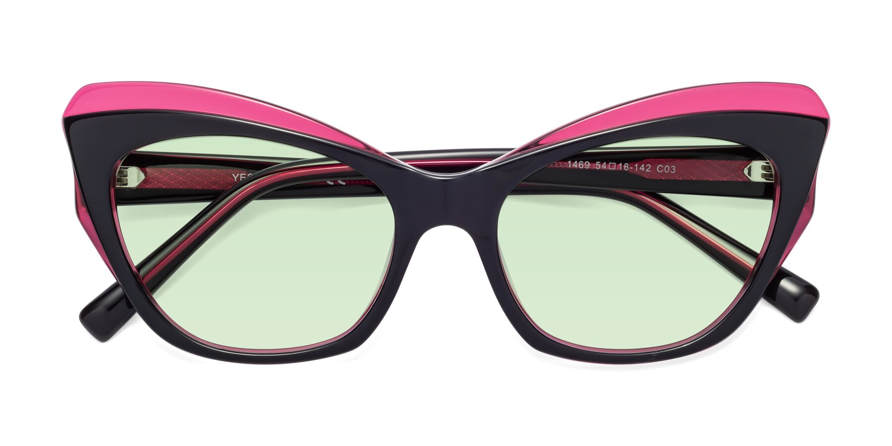Folded Front of 1469 in Black-Plum with Light Green Tinted Lenses