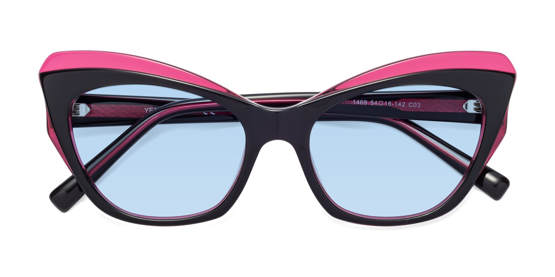 Folded Front of 1469 in Black-Plum with Light Blue Tinted Lenses