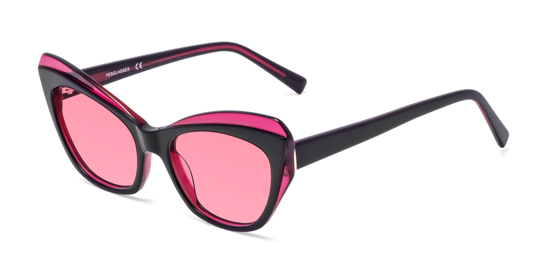 Angle of 1469 in Black-Plum with Pink Tinted Lenses