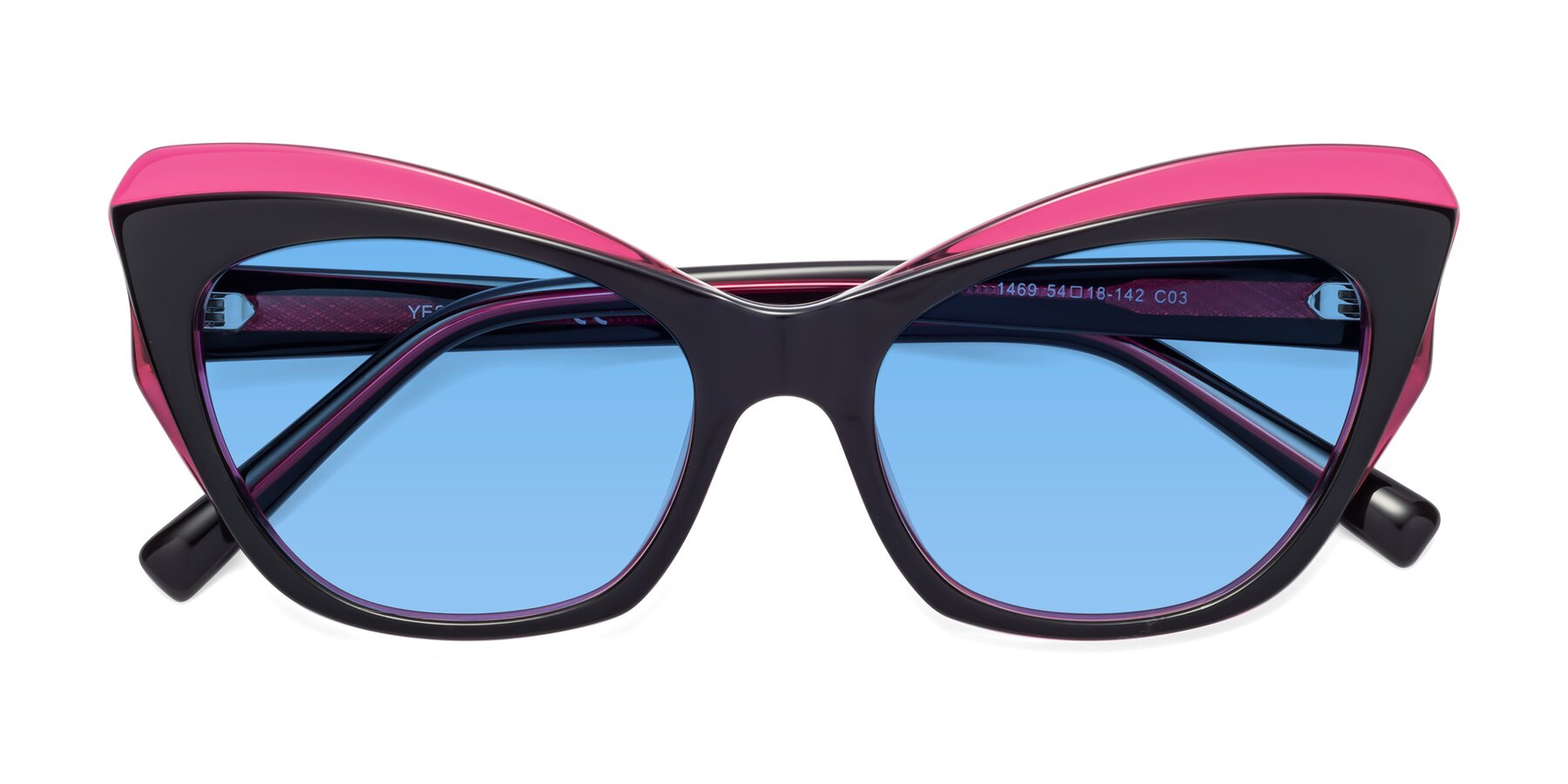 Folded Front of 1469 in Black-Plum with Medium Blue Tinted Lenses