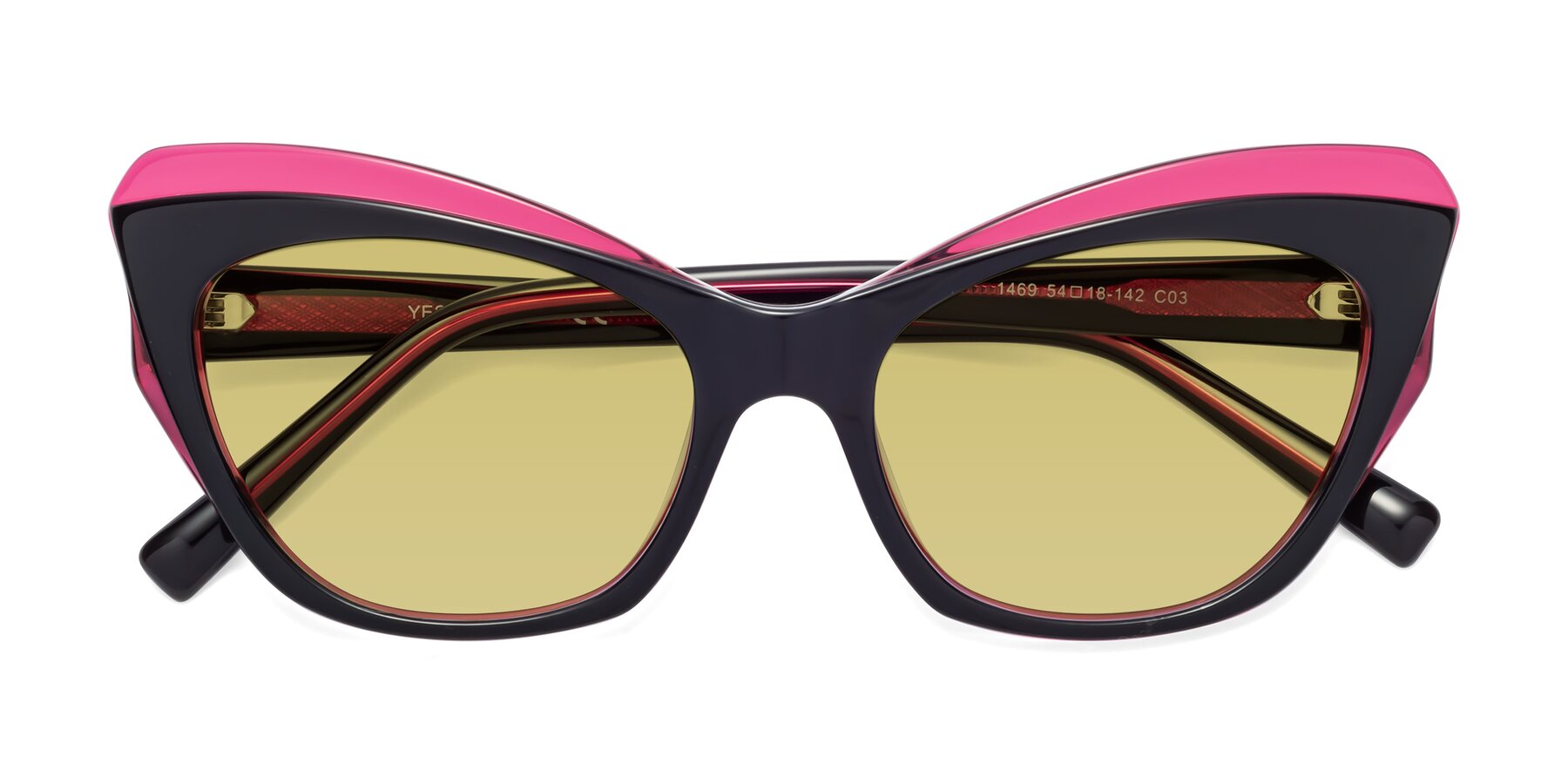 Folded Front of 1469 in Black-Plum with Medium Champagne Tinted Lenses