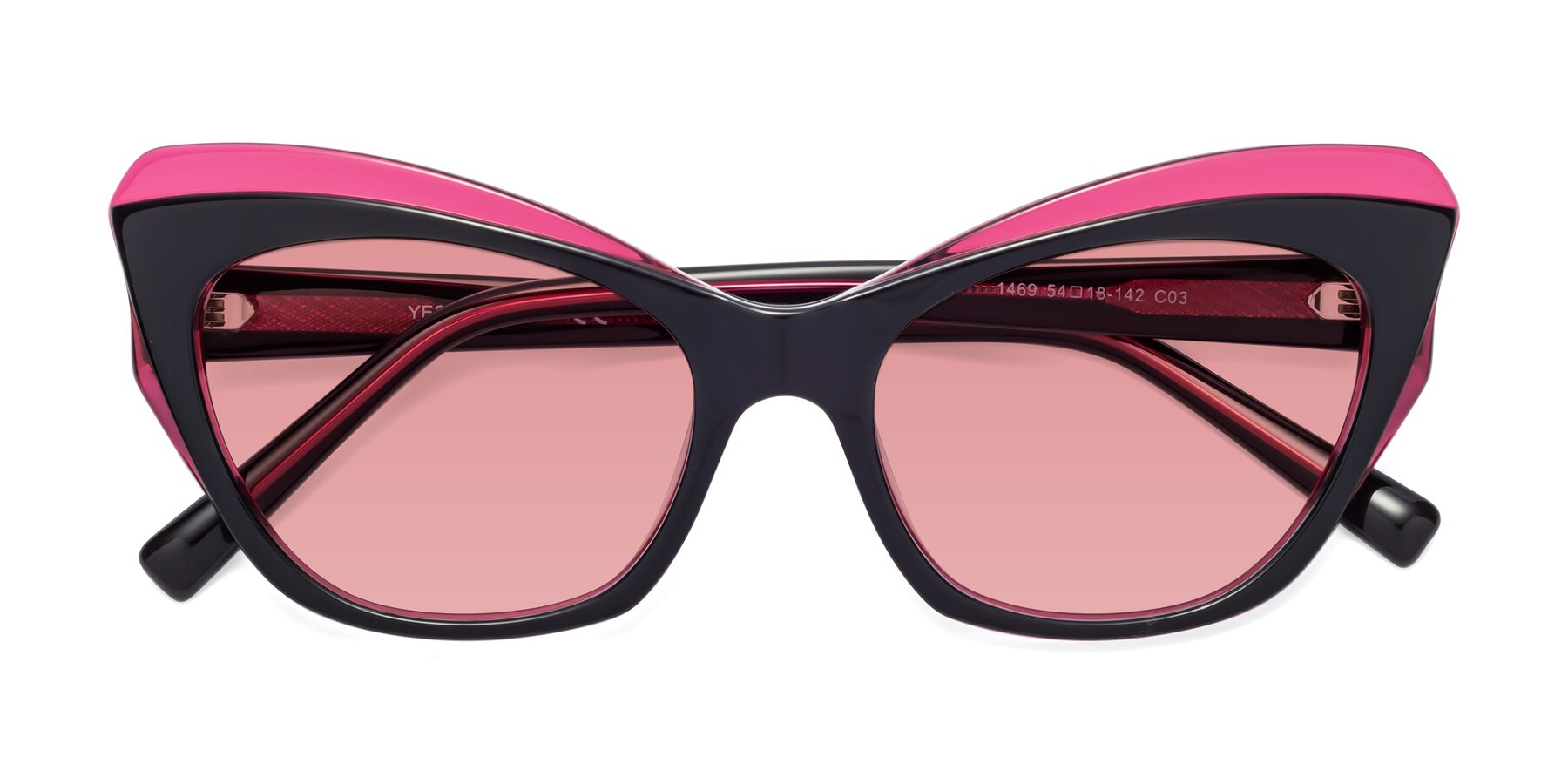 Folded Front of 1469 in Black-Plum with Medium Garnet Tinted Lenses